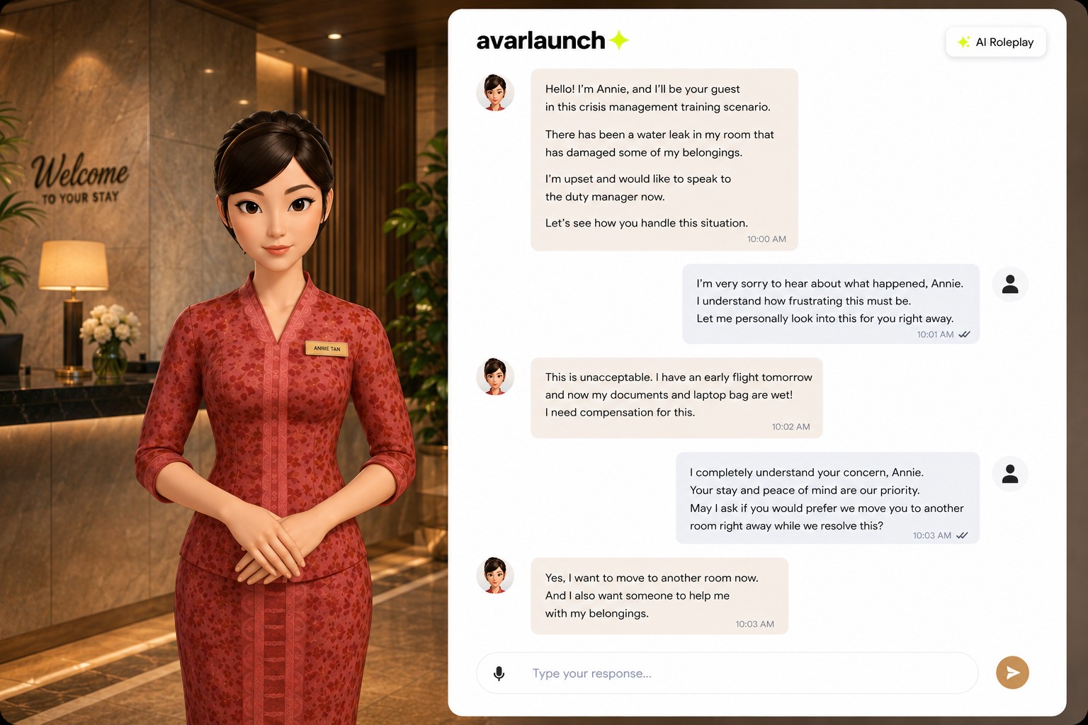 An AvarLaunch AI Role Play crisis management scenario: an upset hotel guest reporting a water leak in their room